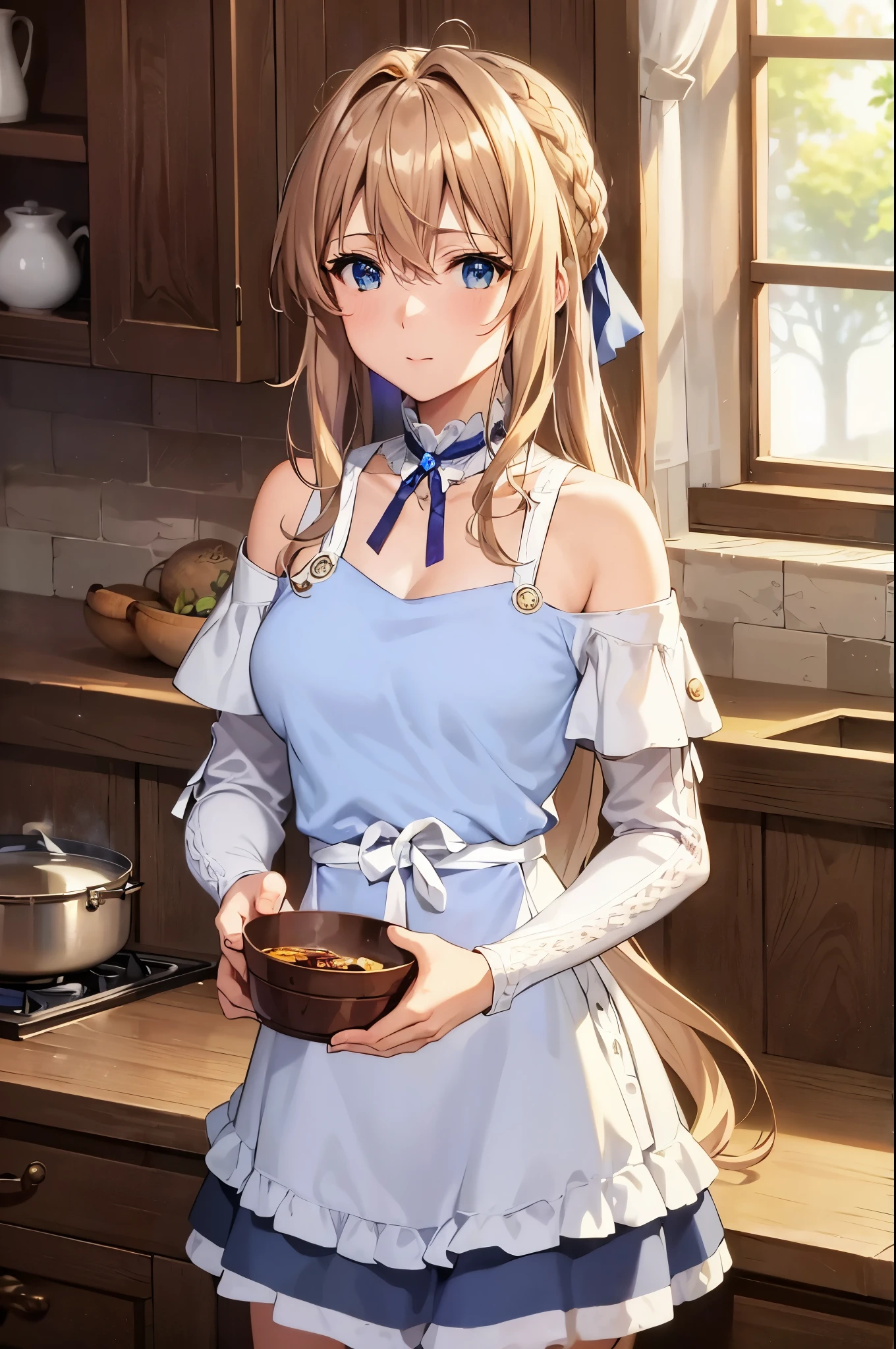 masterpiece, highest quality, ultra high resolution, highest quality, anime style, best writing, beautiful face, violet evergarden,table top, highest quality, 1 girl, alone, blonde hair, blue eyes, hair between eyes, looking at the viewer, ribbon, 赤いribbon, Braid, ヘアribbon, (Off-shoulder knitted dresses:1.3), (white long skirt:1.3), jewelry, bangs, outdoor, brooch, hair intake, Anime coloring book, closed mouth, portrait, Day Grastry Detailed CG, ( perfect anatomy), Life、Detailed CG, ( perfect anatomy), Life感, Black leather gloves, kitchen background, Cooking, wear a light blue apron
