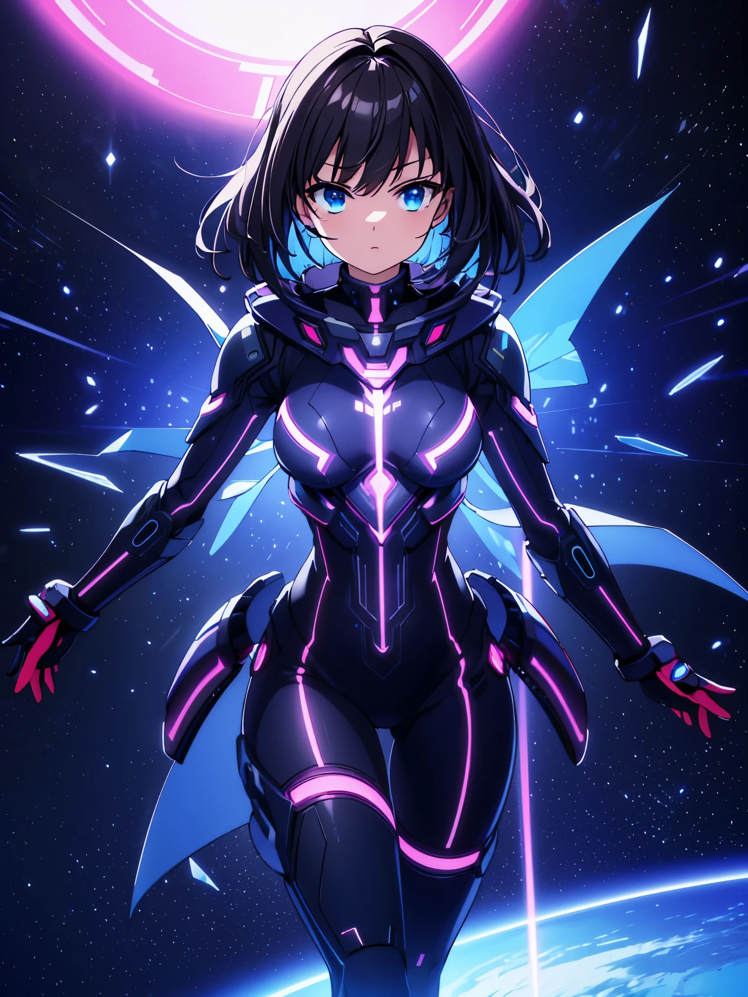 Realistic, spatial, futuristic, colorful outer space, High detail, super detail, super high resolution, Masterpiece, best quality, 4k, sky, cyber, depth of field, grunge, medium lenght dark hair, women, lens flare, RTX, slender legs, gorgeous cinematic lighting, cinematic, ray traycing, cinematic shot, battle pose, women holding giant neon sword
