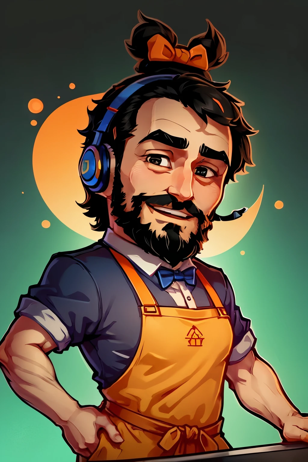 a stickers ,  man  who  a bartender. black short hair and full beard  using a orange blue colored gaming headset. He has a friendly face and wears a chefs uniform,complete with apron and bow tie, holding  joystick,represented with vibrant colors, happy expression, big eyes and a welcoming appearance. chibbi anime style. White background