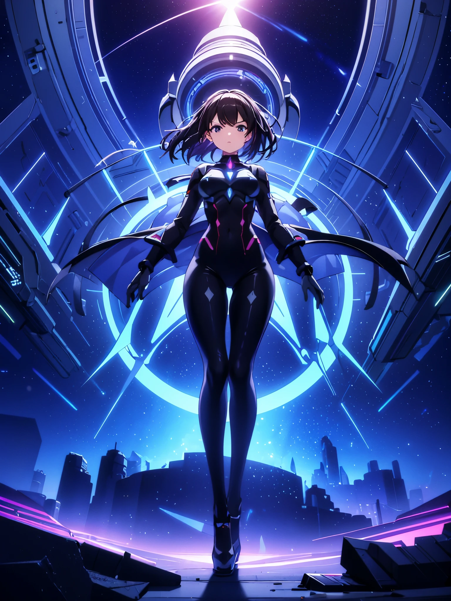 Realistic, spatial, futuristic, colorful outer space, High detail, super detail, super high resolution, Masterpiece, best quality, 4k, sky, cyber, depth of field, grunge, medium lenght dark hair, women, lens flare, RTX, slender legs, gorgeous cinematic lighting, cinematic, ray traycing, cinematic shot, battle pose, women holding giant neon sword
