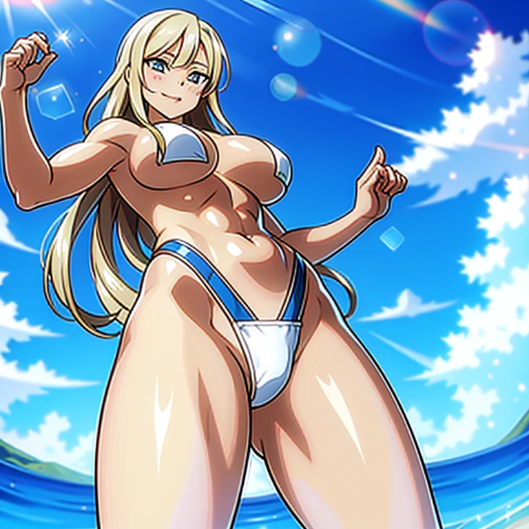 ((anime style art)), very muscular female character, Swimsuit、white skin, short wavy hair, blonde hair, Sapphire blue eyes, bodybuilder body, Topless, topless, (((Topless))) I raised my hand at neck height, (((I raised my hand at neck height))) wearing thong, bulge in crotch, beach, sun, cloud, The main character of the anime, nice image, hard drive, 4K.