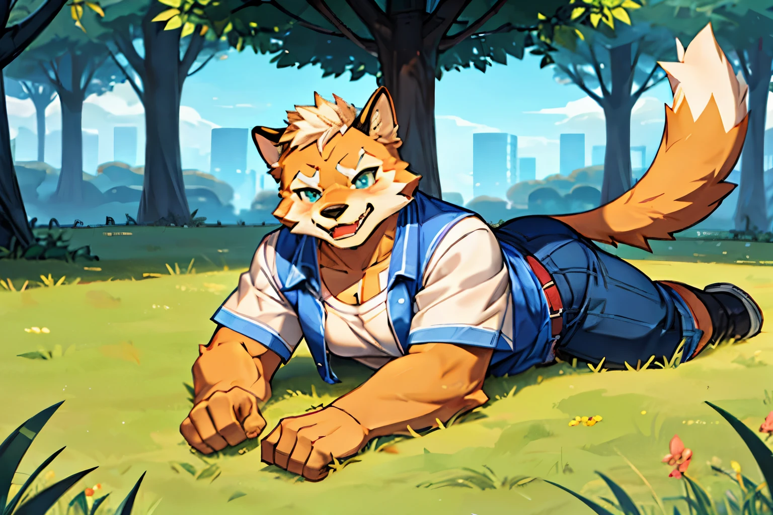 Chubby male furry, canine, laying on grass under tree, shirt on, bulge in pants, blushing, fluffy tail, floppy ears