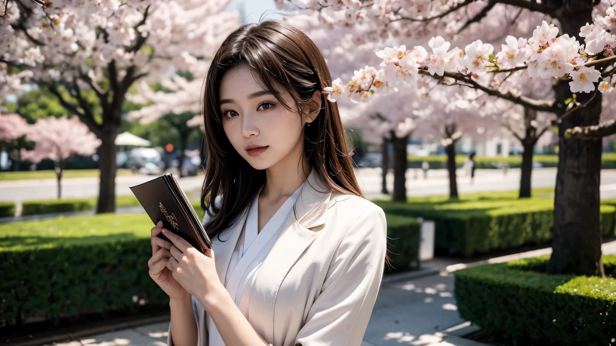 woman in business attire holding a book standing under a tree, sakura bloomimg, sakura tree in background, under sakura tree, portrait of a japanese , elegant japanese woman, sakura season, korean woman, portrait of a japanese girl, a young asian woman, korean girl, sakura season dynamic lighting, cherry tree in the background, japanese woman, cheeryblossom