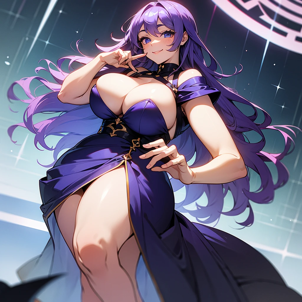 ((I want a woman alone, curvy and beautiful body, light blue eyes and purple wavy hair, sharp look, smile on her face and wearing a beautiful dress))