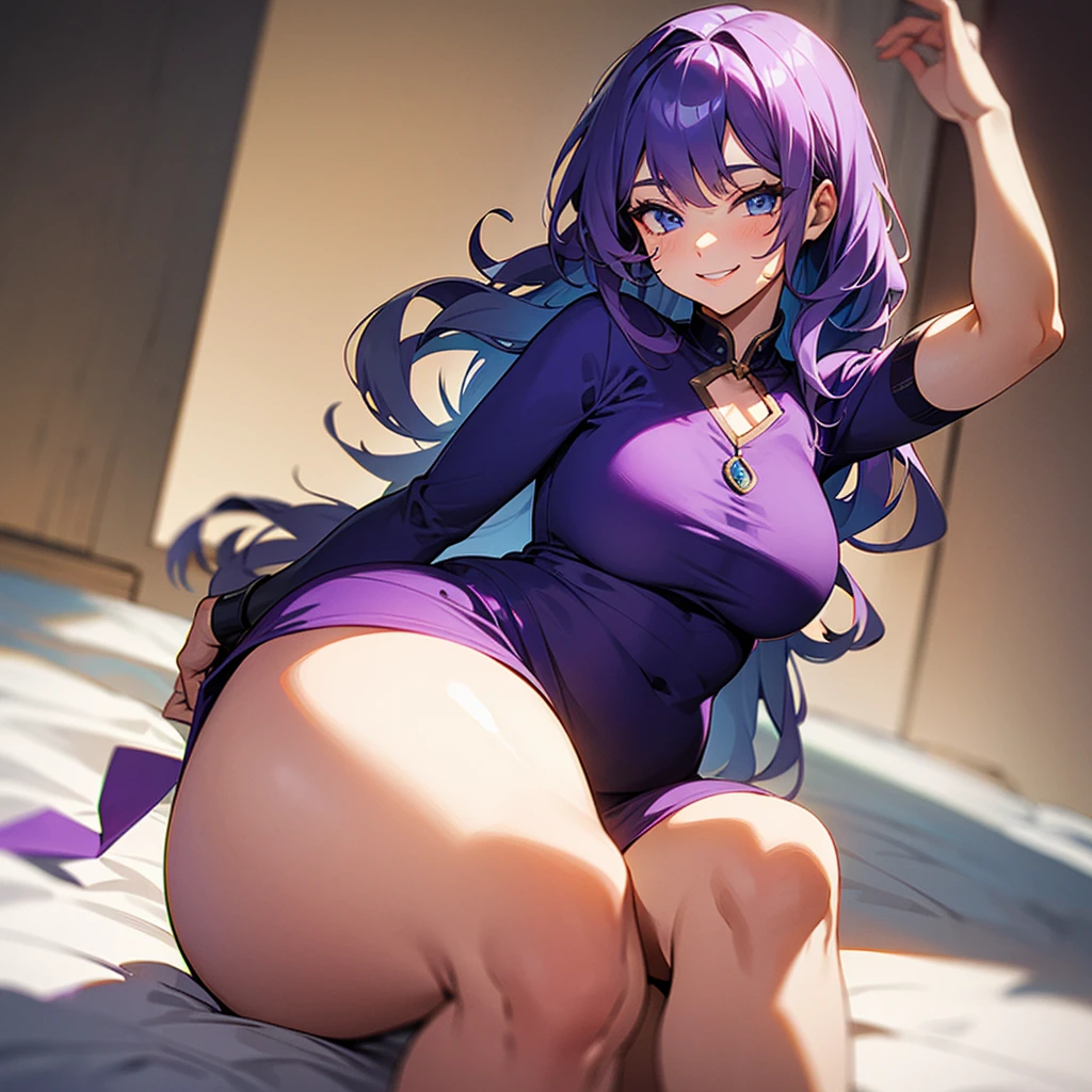 ((I want a woman alone, curvy and beautiful body, light blue eyes and purple wavy hair, sharp look, smile on her face and wearing a beautiful dress))