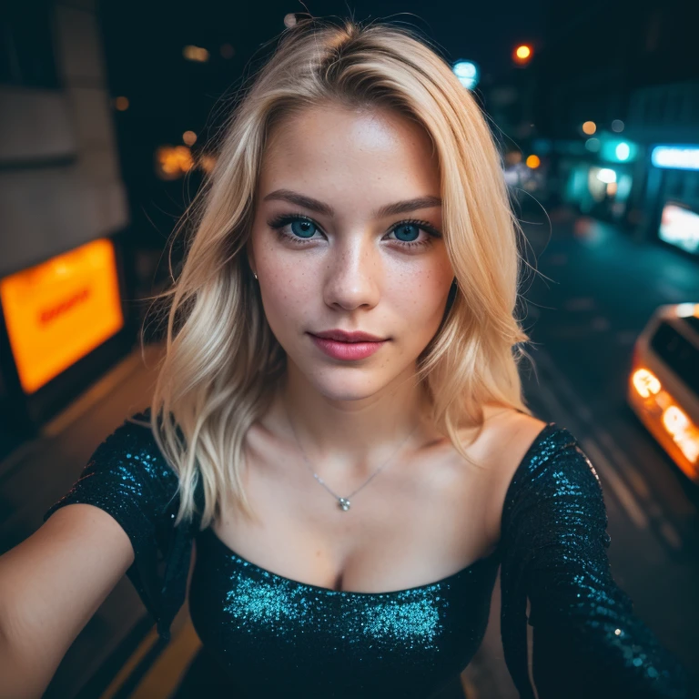 (selfie, top view: 1.4), (straight half of the body: 1.4), RAW UHD portrait photo of a 24-year-old blonde walking down a dark alley, large breasts,, city at night, (dress), (neckline), details (textures! , hair! , glitter, color!! , disadvantages: 1.1), glossy eyes with high detail (looking at the camera), SLR lighting, SLR camera, ultra-quality, sharpness, depth of field, film grain (center), Fujifilm XT3, crystal clear, frame center, beautiful face, sharp focus, street lamp, neon lighting, bokeh (dimly lit), night, (night sky), detailed skin pores, oily skin, sunburn, complex eye details, full body, large breasts