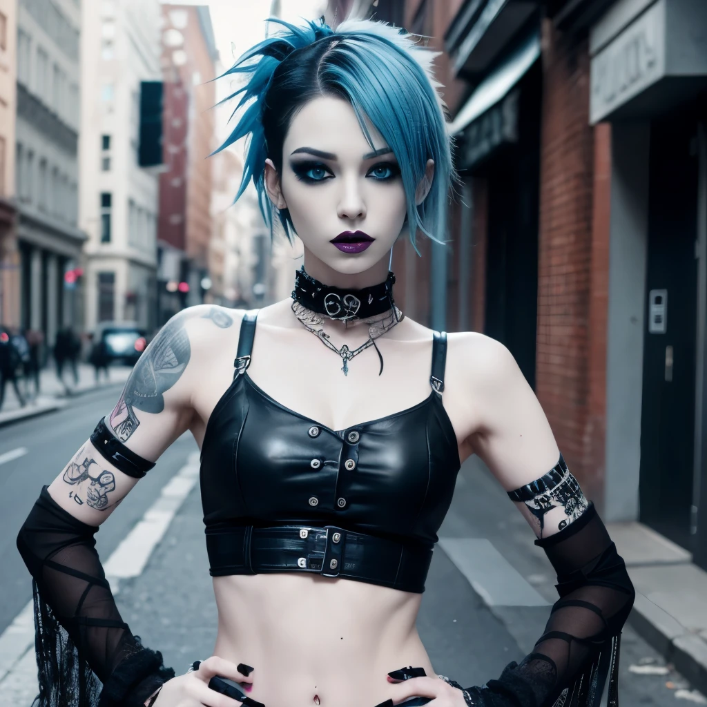 goth, excited, pale skin, smoky eyes, vivid colors, punk clothing, punk hairstyle, blue hair, black lips, abandoned street, body view, hands on hips