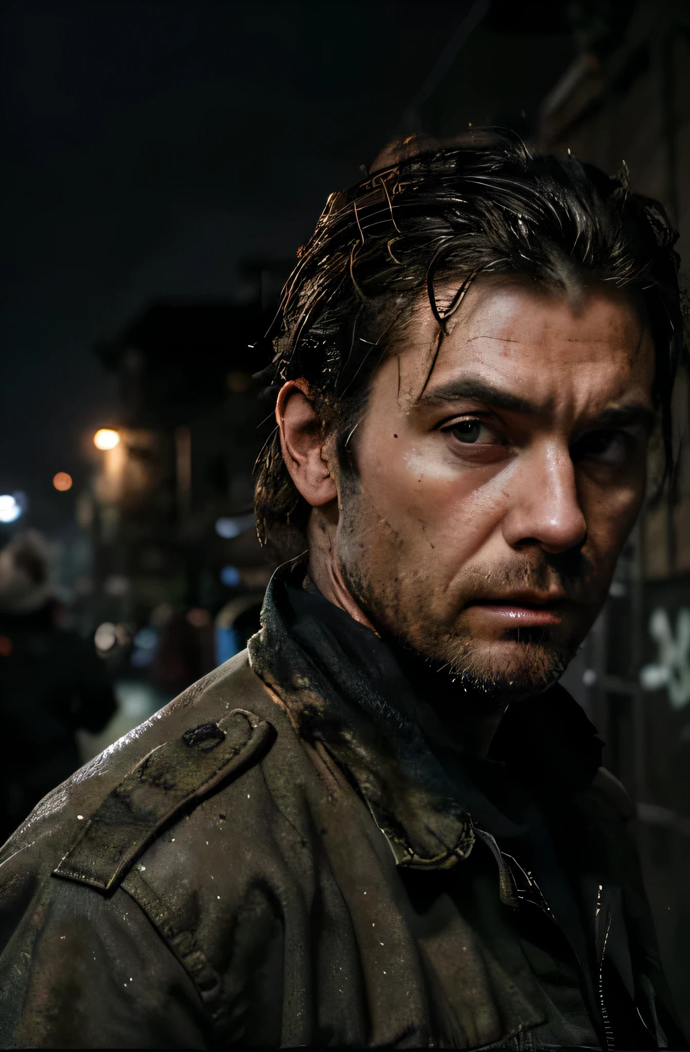 close up, faceclaim, close up at face, police officer,mid-thirties,male,unkempt,edgy,grungy,cold,serious,uptight,southern,(best quality,4k,8k,highres,masterpiece:1.2),ultra-detailed,(realistic,photorealistic,photo-realistic:1.37),(vivid colors:1.2),(dark,contrasted lighting),tough,scruffy appearance,authentic uniform,unshaven look,rugged face,gripping a baton,scanning the surroundings,squinting eyes,firm jawline,weathered hands,strong build,stern expression,harsh glare,observant,alert stance,worn-out badge,dusky atmosphere,ominous mood,startled crowd,dilapidated alleyway,distant sirens,urban decay,graffiti-covered walls,heavy rain,flickering streetlights,misty fog,stormy weather,cigarette smoke,shadowy figures,struggling with an internal conflict