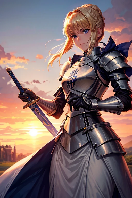 Saber from Fate, blond haired girl, chignon hairstyle, armor, holding a sword, serious face, blue eyes, armored gloves, grassfield background, small ancient medieval castle in the background, sunset lighting, light coming from the left side, pastel colors, epic