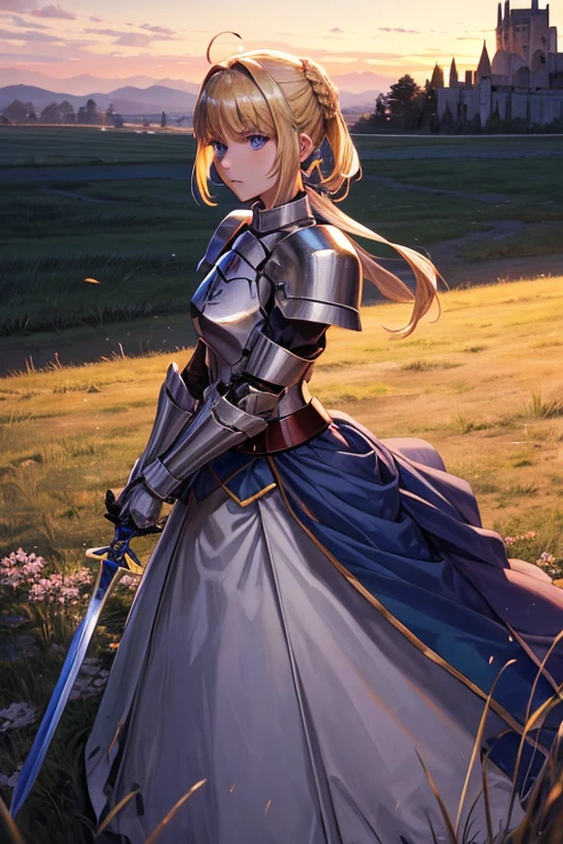 Saber from Fate, blond haired girl, chignon hairstyle, armor, holding a sword, serious face, blue eyes, armored gloves, grassfield background, small ancient medieval castle in the background, sunset lighting, light coming from the left side, pastel colors, epic