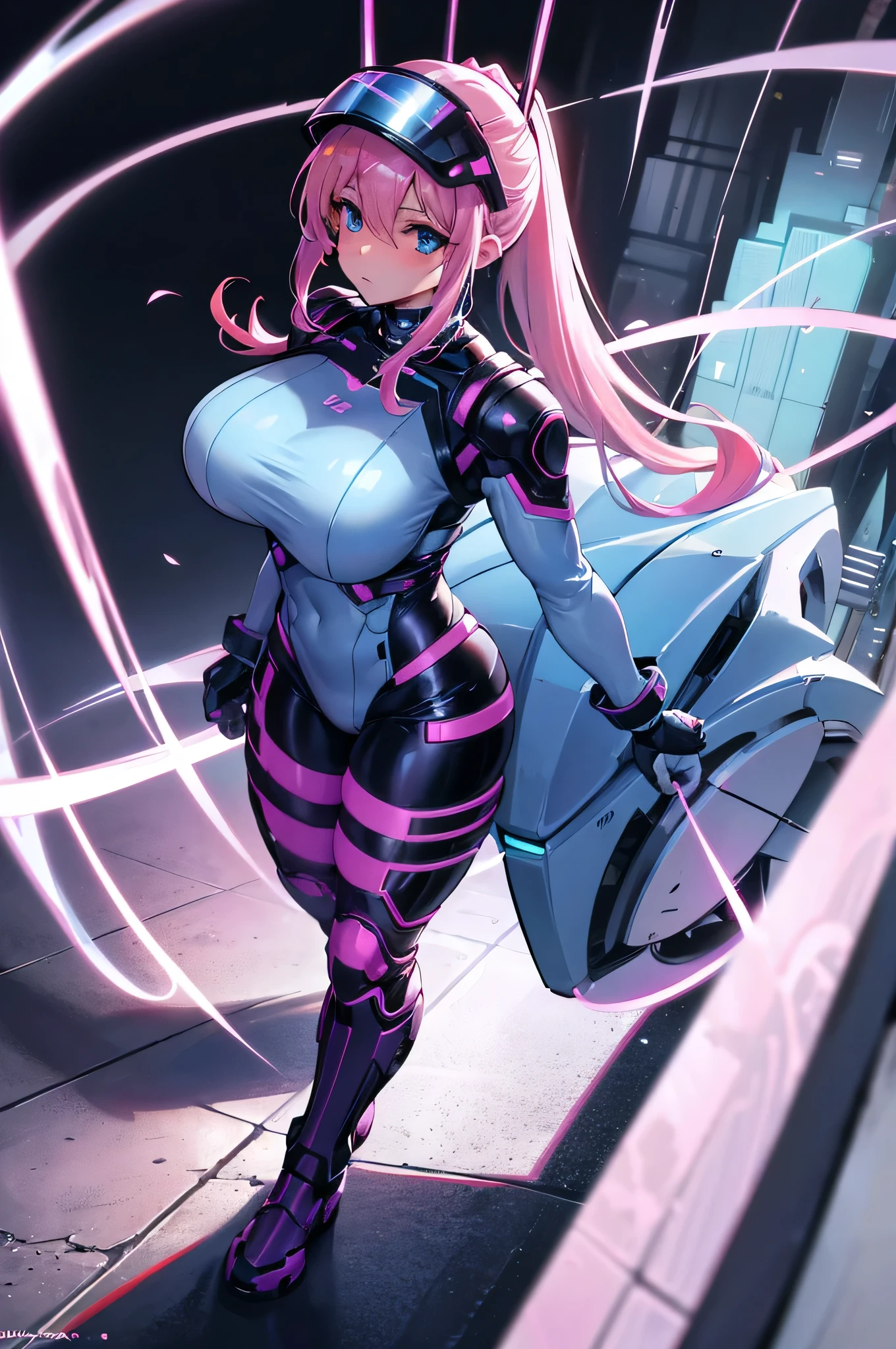 4K,High resolution,one woman,pink hair,long ponytail,blue eyes,big breasts,Valkyrie,light blue tight cyber suit,cyber visor,white cyber boots,white cyber gloves,Underground base