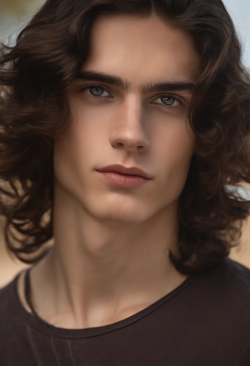A white boy with slightly slanted brown eyes, un nez fin typiquement italien avec des taches de rousseur. medium wavy hair extremely black like sea waves, 18 ans, pale skin and striking but not so big eyebrows, visible freckle-like eyelashes and extremely black hair. high quality. c'is an 18 year old boy