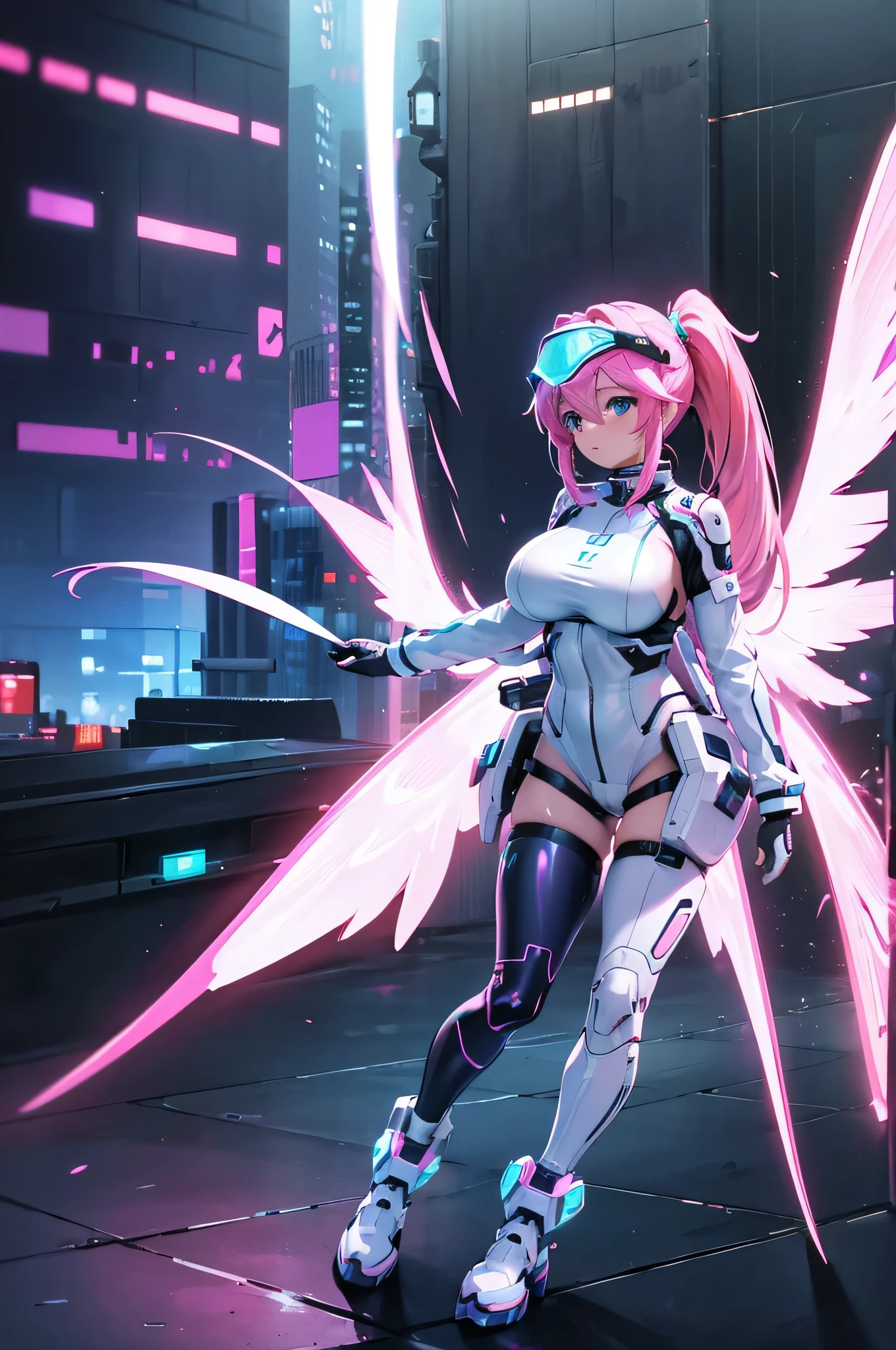 4K,High resolution,one woman,pink hair,long ponytail,blue eyes,big breasts,Valkyrie,light blue tight cyber suit,Feathered hat,cyber visor,white cyber boots,white cyber gloves,city