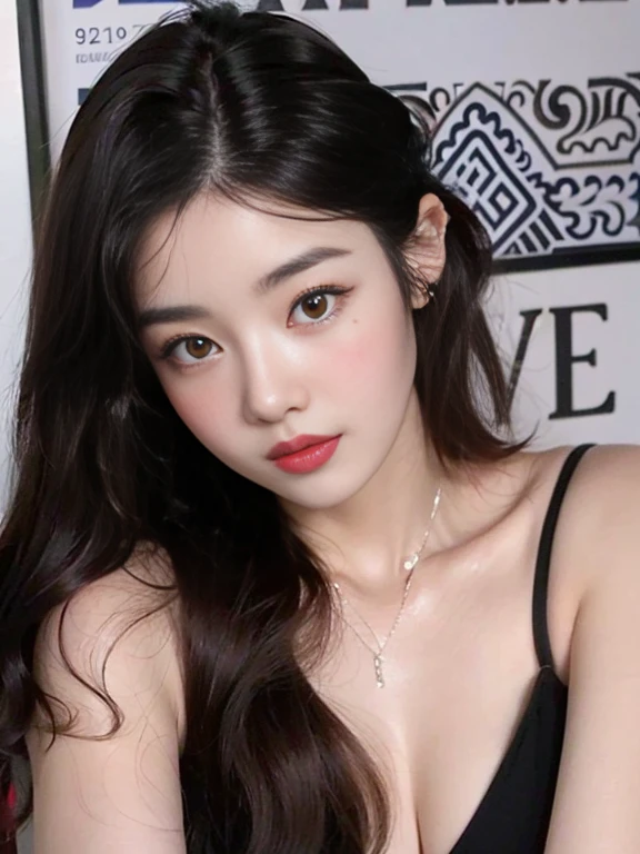 Um close-up de uma mulher com cabelo longo em um vestido preto, South Korean folk makeup, with very thin lips, maquiagem coreana popular, Rosto sexy com maquiagem completa, Korean facial features, beautiful aesthetic face, Ulzzang, cruel korean goth girl, Linda jovem coreana, asian features, Young and adorable Korean face, Linda mulher sul-coreana, young pale and beautiful asian face