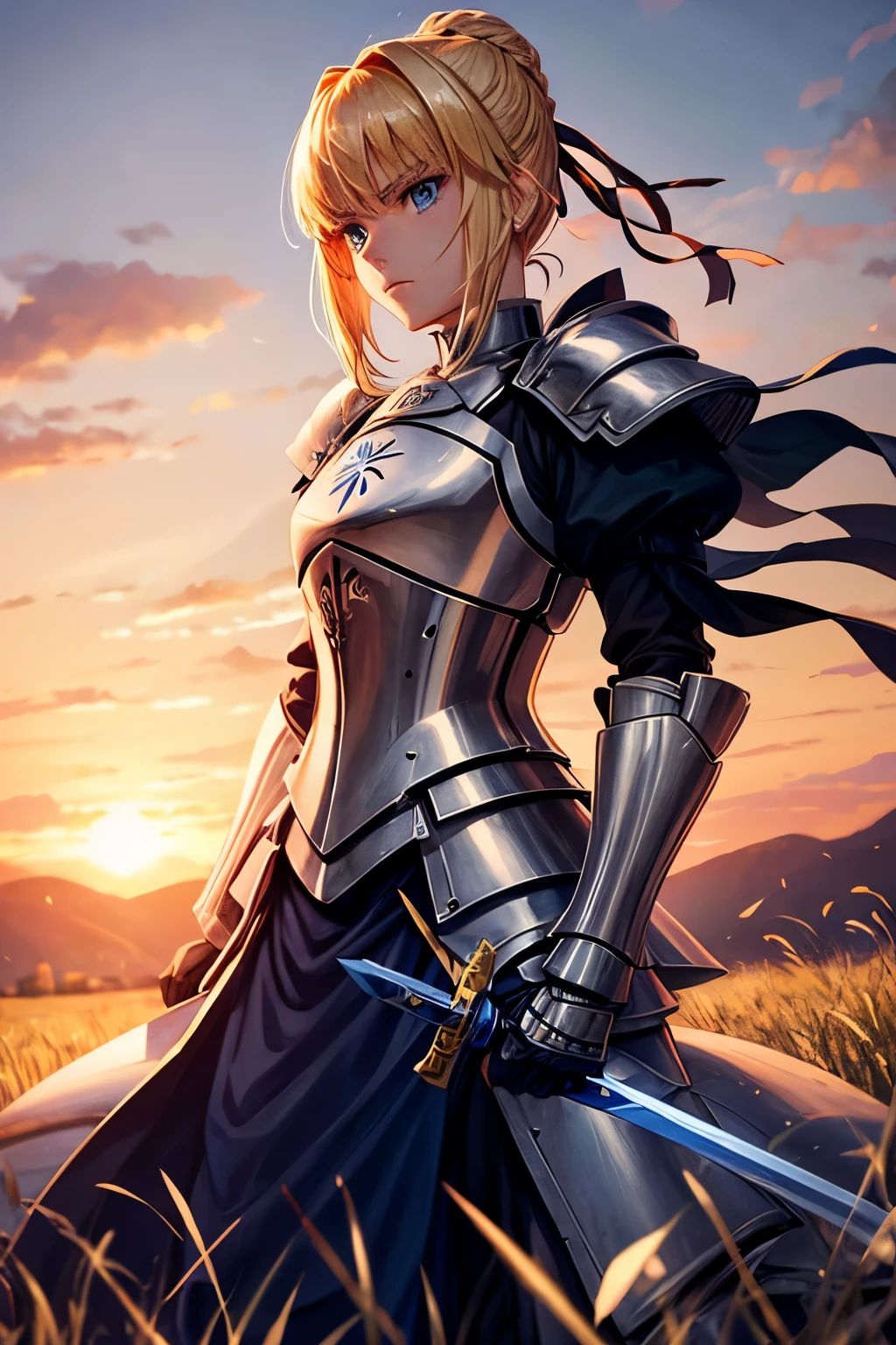 Saber from Fate, blond haired girl, chignon hairstyle, armor, holding a sword, serious face, blue eyes, armored gloves, grassfield background, small ancient medieval castle in the background, sunset lighting, light coming from the left side, pastel colors, epic