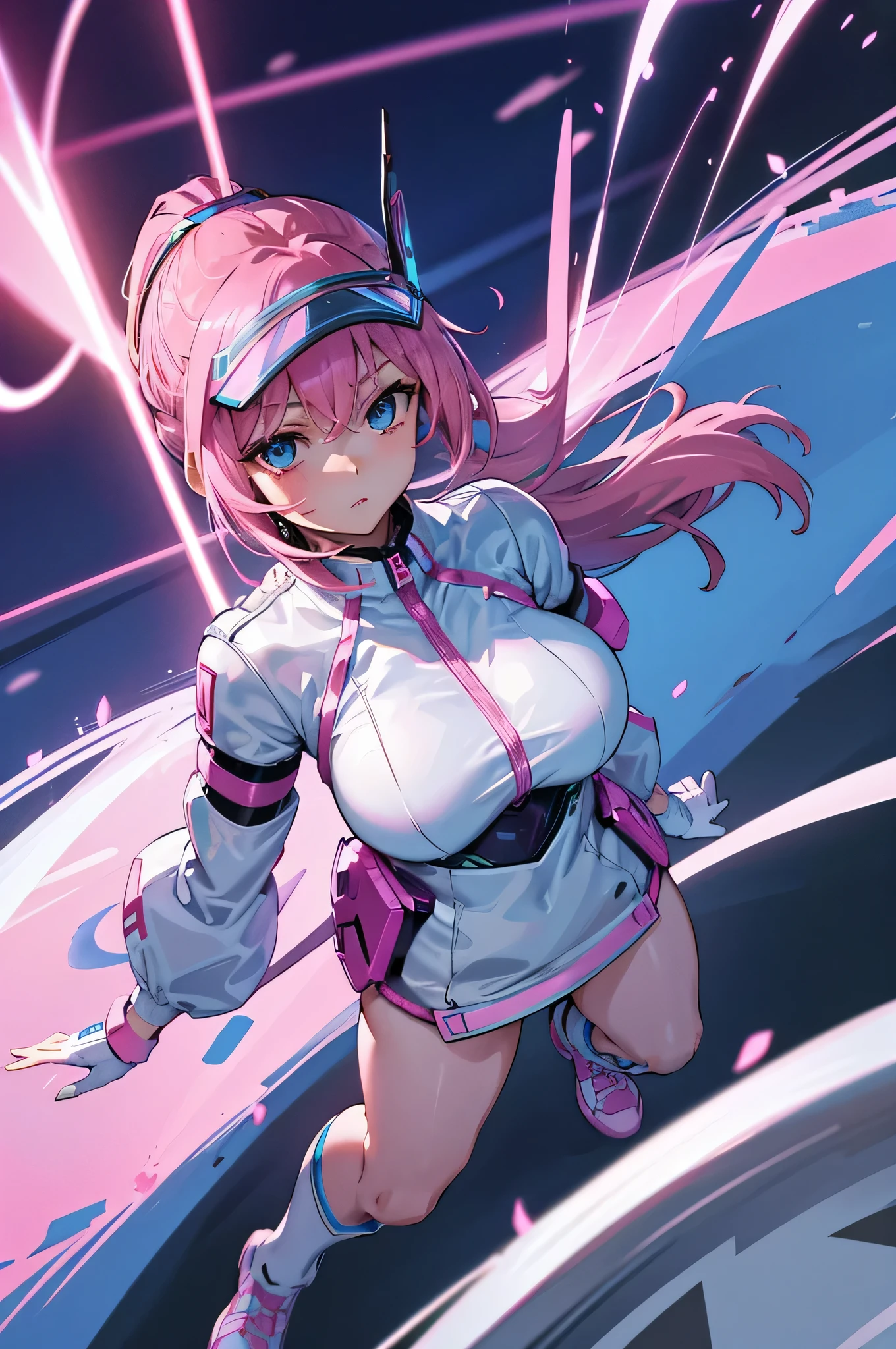 (hyper HD , Masterpiece:1.5) ,Accurate, Textured skin,Detailed eyes ,Anatomically correct, Exquisite facial features,Perfect character proportions and anatomy, Alice \(Nikke\) ,pink leotard ,Animal ear headphones, Shiny clothes, double tails, latex  bodysuit,pink hair, rabbit pose,midriff