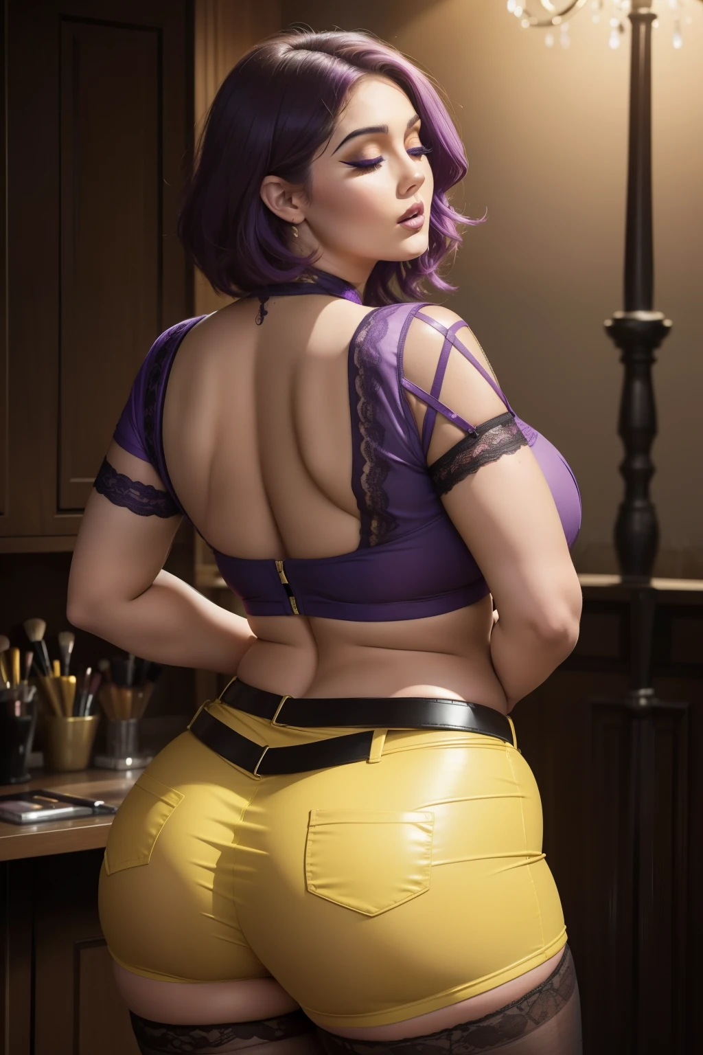 Lucy Pinder, ((VERY INTENSE MAKEUP)), sexy woman, voluptuous, cleavage, (Adele), chubby woman, lace, purple hair, short hair, yellow crop top, belt, yellow shorts, fishnet pantyhose, ((back)), beautiful buttocks, ((mouth wide open)), ((Eyes closed)).