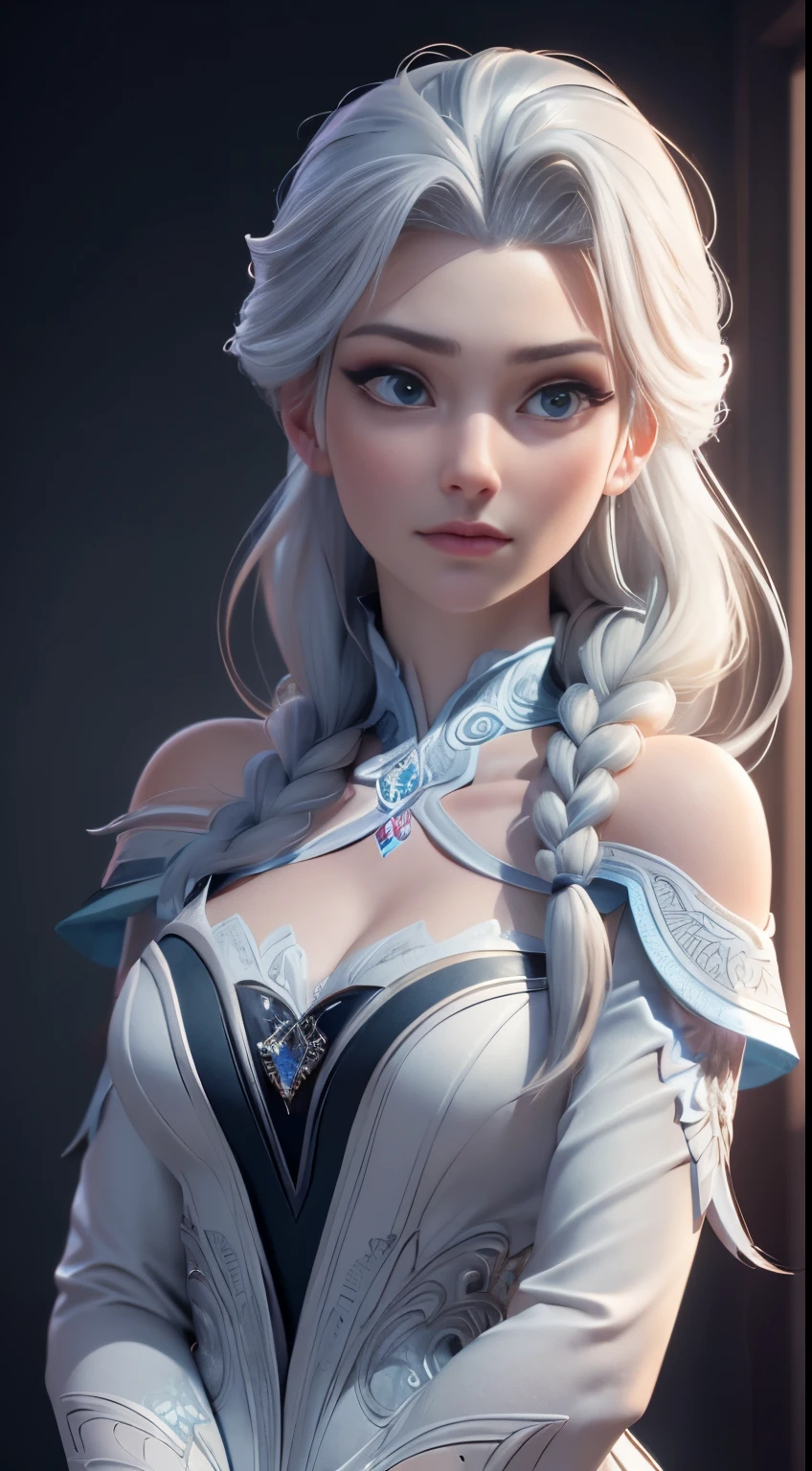 Highly detailed CG unity 8k wallpaper, style shot, complex, high detail, dramatic, highest quality movie still image, very detailed, masterpiece, best quality, character design, Elsa, Elsa from Frozen, (( Dark style)), realistic ultra-detailed rendering style, natural light, sharp character design, (hard focus, 8k), (((natural skin texture))), 8k textures, soft cinematic lighting, adobe lightroom, dark room, hdr, Sophisticated, Elegant, Rich Detail, Sharp Focuilm Look) )), Soothing Tones, Detail Frenzy, Intricate Detail, Super Detail, Low Contrast, Soft Film Lighting, Dull Colors, Exposure Blending, HDR, Fade, 35mm, f/1.4, ISO64, f16, 25 sec.
