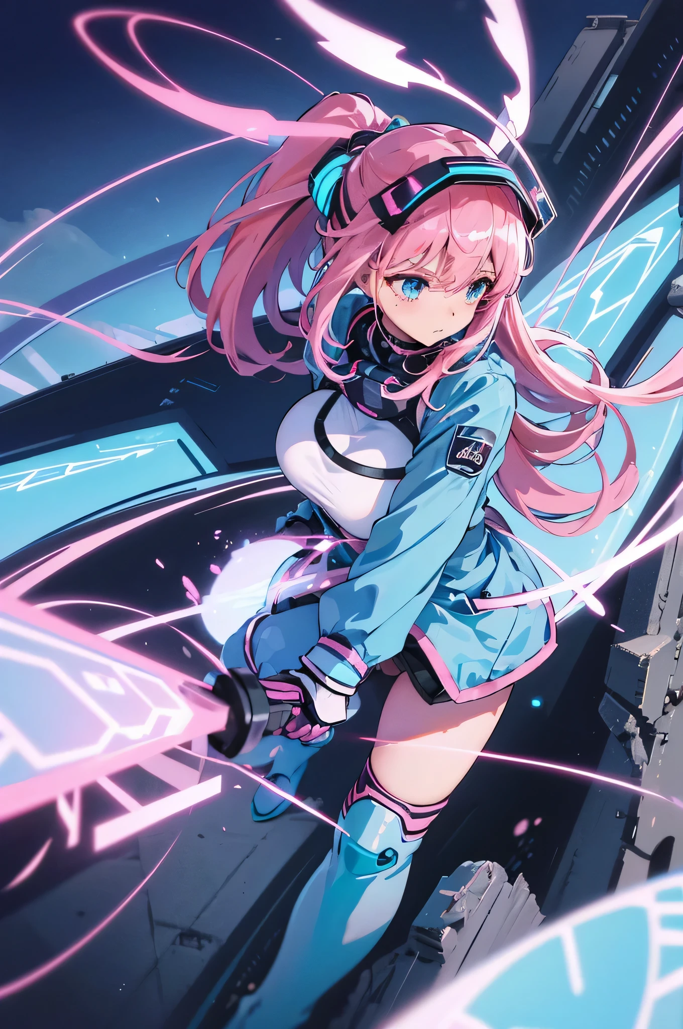 4K,High resolution,one woman,pink hair,long ponytail,blue eyes,big breasts,Valkyrie,light blue tight cyber suit,Feathered hat,cyber visor,white cyber boots,white cyber gloves,city