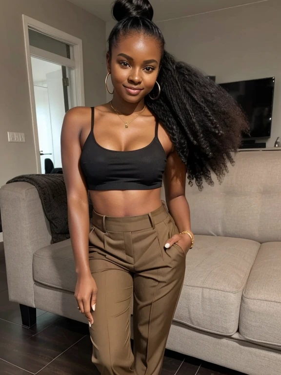 melanin girl with hair in a bun wearing a top and pants posing for a picture with nice heel shoes ready for a night out
