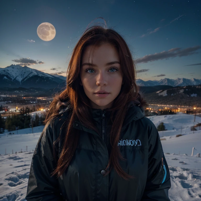 Caucasian red hair middle 20 years girl, super fit, staring at the viewer, she has blue eyes realistic somewhere by the mountains in Denver Colorado, glowin, intense, solodramatic lightinasterpiece:1.2), best quality, high resolution, beautiful detailed, extremely detailed, perfect lighting Realstic, flirting with camera she wearing winter clothes on the top of the mountain night panoramic shot full gigantic moon in the horizon illuminating the top of the mountain wind blowing her hair