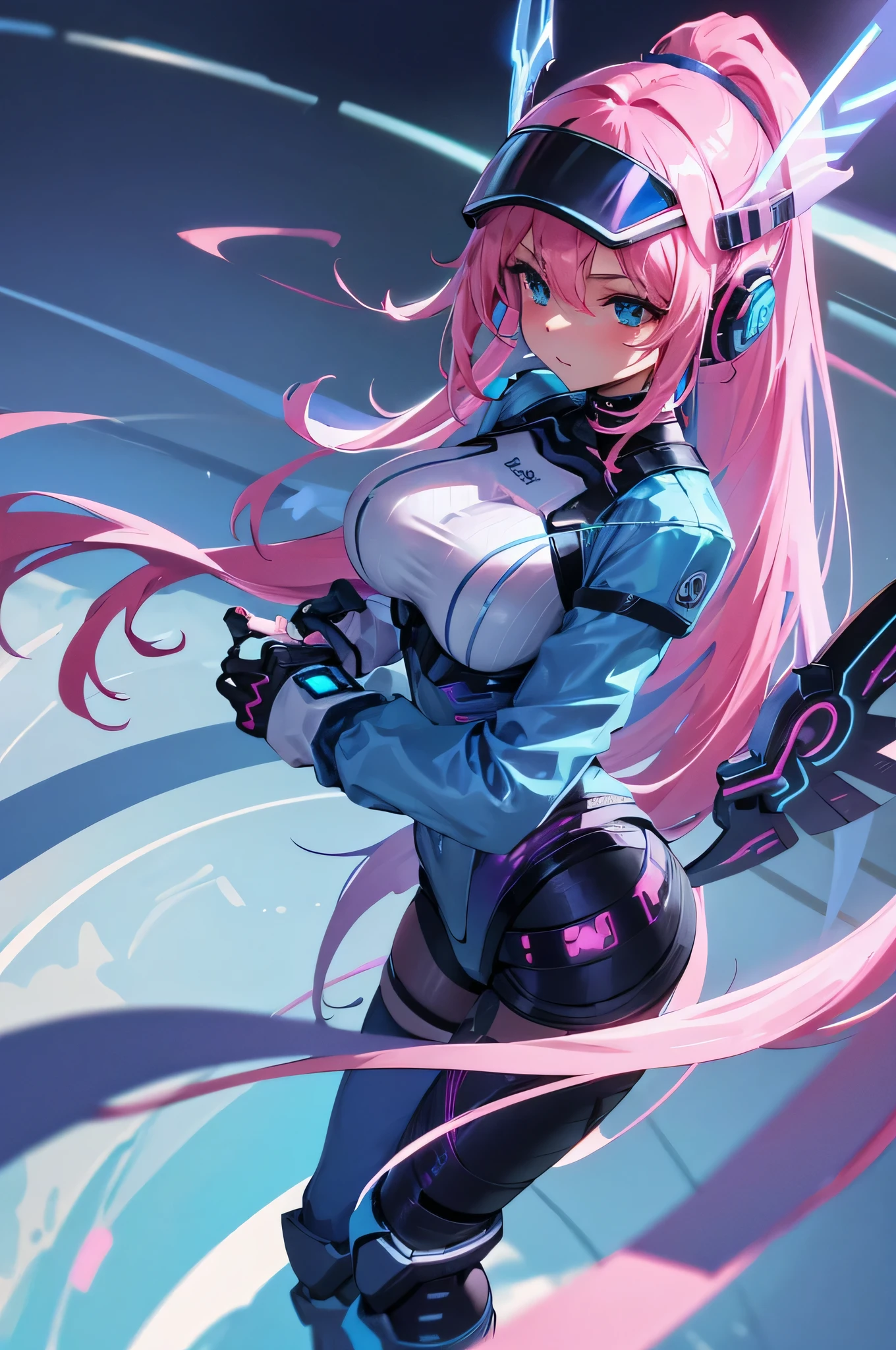 4K,High resolution,one woman,pink hair,long ponytail,blue eyes,big breasts,Valkyrie,light blue tight cyber suit,Feathered hat,cyber visor,white cyber boots,white cyber gloves,city