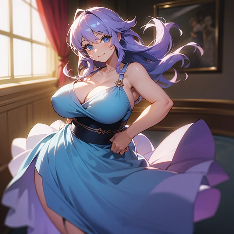 ((I want a woman alone, curvy and beautiful body, light blue eyes and light purple wavy hair, sharp look, smile on her face and wearing a beautiful dress))