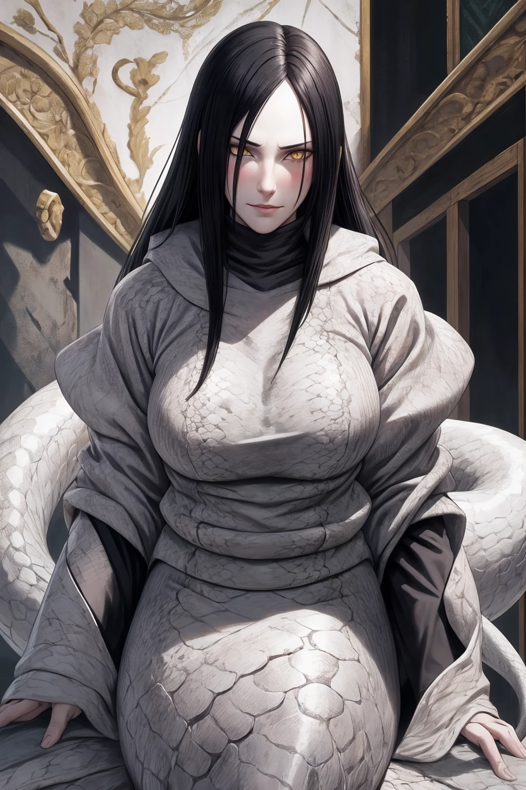 {-erro_de_anatomia:1.0} estilo anime, Masterpiece, absurdities, Orochimaru\(Naruto\), 1girl Solo, Mature woman, Oversized shirt with broad shoulders, Perfect composition, Detailed lips, large breasts, Beautiful face, body proportion, Blush, Long black hair, ( black hair), yellow eyes, Soft gauze, Super realistic, Detailed, photo shoot, Realistic faces and bodies, masterpiece, best quality, best ( white snake) illustration, hyper detailed, 1 girl, solo, glamorous, blushing, whole body, 