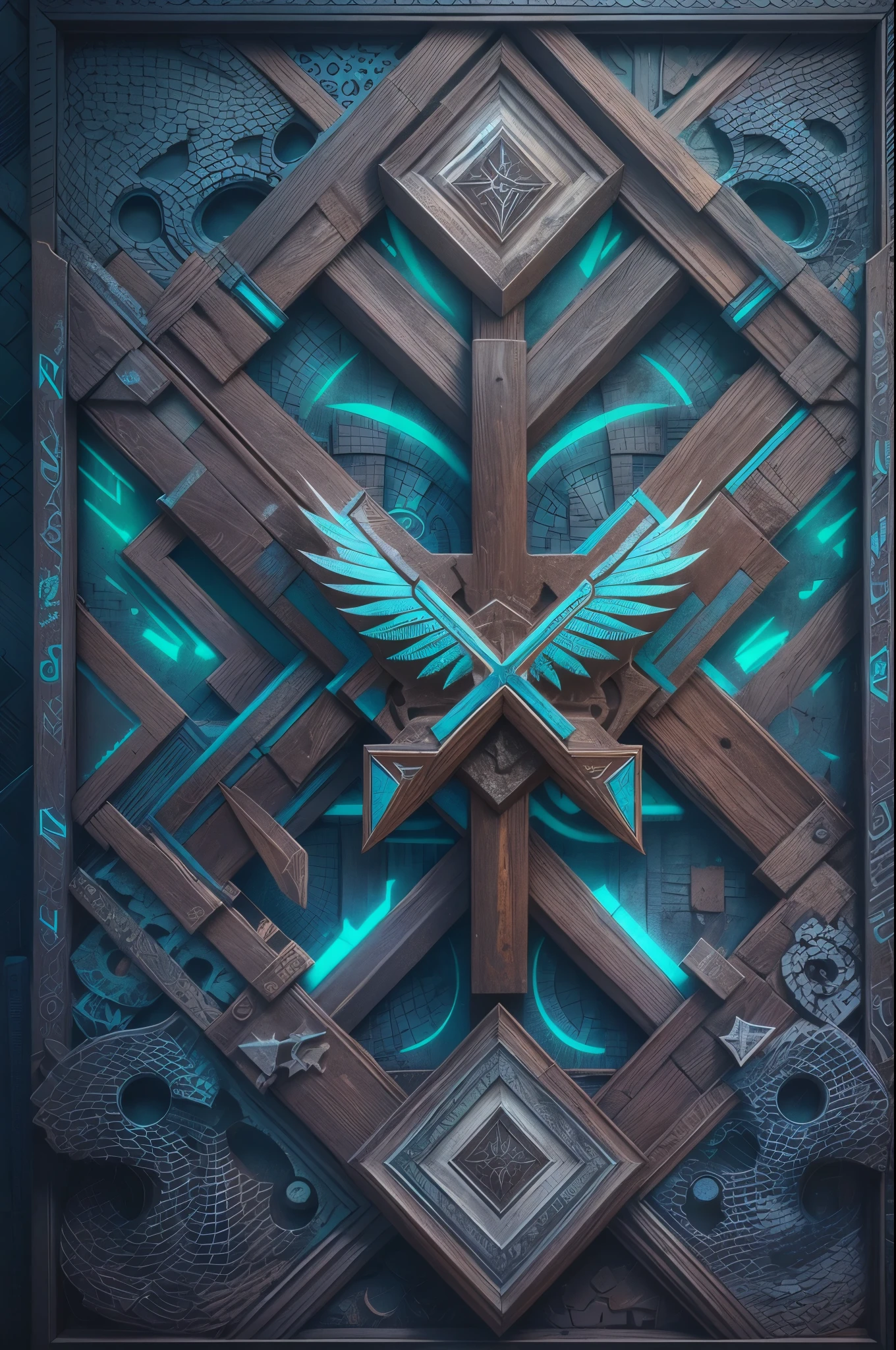 word "X" carved in, blue Bird tribal hd Logo, edge glow, edge light, tribal shapes and patterns, in the detailed style, ultra-realistic, extreme details, poster effect, Dark Background, Depth ultra - fine film effect poster, 3ds max, Corona Render, V-Ray, hyperrealism, --auto --s2