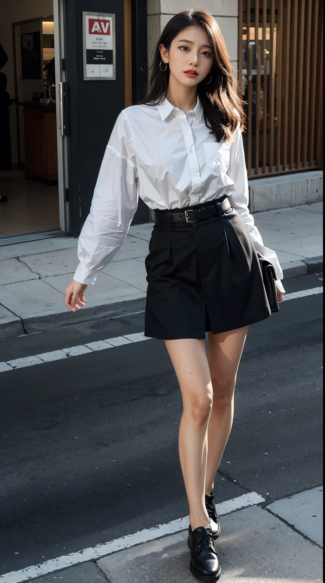 realistic, High resolution, 1 female, glowing skin, alone, pink lip, long hair, gray hair, blue eyes, closed mouth, hip up, shirt, black skirt, street wear