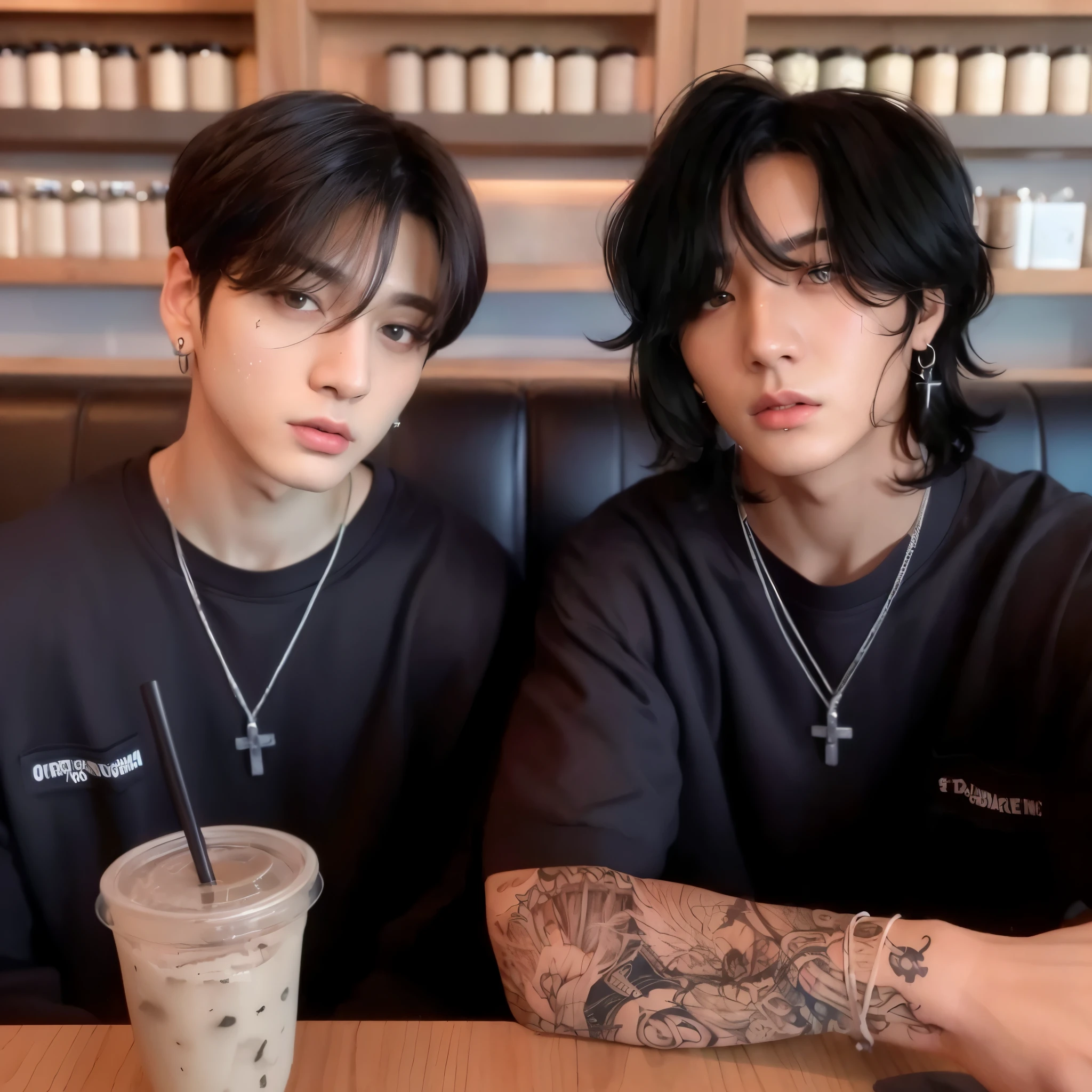 foco facial, retrato, olhos negros brilhantes, two brothers, cabelo preto, Jungkook, Bom, camera look, sorriso, noite, CIDADE, cabelo bob, Grupo BTS, Red lips, camisa, serious, sitting with twin brother Jungkook, tronco, Roupa de baixo, roupa preta, linha corporal perfeita, Lindo Jeon Jungkook, Lindo, BTS