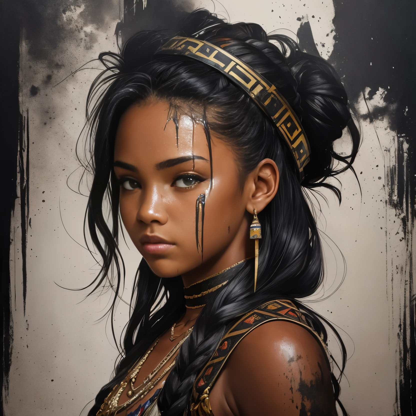 In this digital painting, the artist uses wet oil ink poured on a gangster an a front View of Weathered Face of very young girl Amerindian Ethnic Characteristics to create a captivating and visually striking image. The ink spots are visible, adding texture and depth to the artwork. The overall style messy and dynamic, with an ink splatter effect that adds a sense of edginess and intensity to the composition. The colors used in the painting are bold and dramatic, with a mix of dark and vibrant tones. The artist may use contrasting colors to enhance the mysterious and dangerous aura of the gangster an front View of Weathered Face of very young girl Amerindian Ethnic Characteristics. The colors could be used to emphasize the shadows, the gleam of his weapon, or the details of his clothing, the artwork visually impact and attractive. The gangster young girl an front View of Weathered Face of a very young girl Amerindian Ethnic Characteristics portrayed in a confident and intimidating manner, exuding a sense of power and control. The artist may emphasize his sharp features, intense gaze, and stylish attire to convey his authority and presence. The messy style and ink splatters add a gritty and raw feel, enhancing the overall visual impact of the artwork. Overall, this digital painting with wet oil ink, ink splatters, and attractive colors creates a captivating and intense image of a gangster an front View of Weathered Face of very young girl Amerindian Ethnic Characteristics . The messy style, dramatic colors, and dynamic character portrayal make the artwork visually appealing and captivating, capturing the essence of the underworld and the allure of the girl Amerindian persona. --auto --s2
