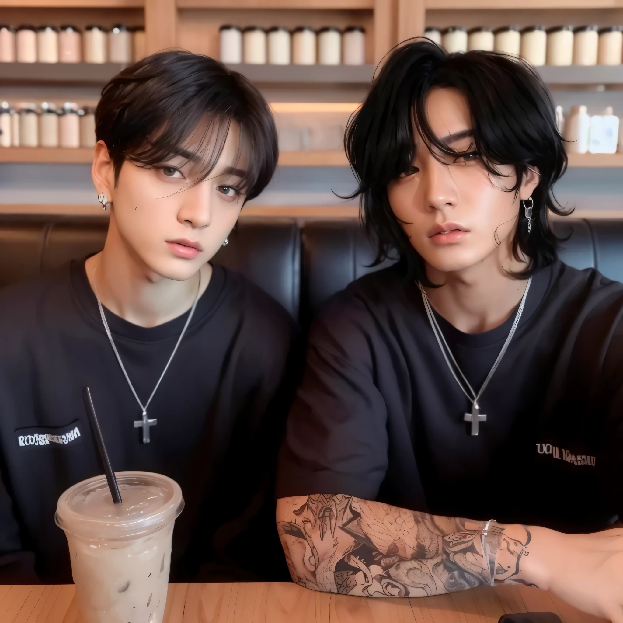 foco facial, retrato, olhos negros brilhantes, two brothers, cabelo preto, Jungkook, Bom, camera look, sorriso, noite, CIDADE, cabelo bob, Grupo BTS, Red lips, camisa, serious, sitting with twin brother Jungkook, tronco, Roupa de baixo, roupa preta, linha corporal perfeita, Lindo Jeon Jungkook, Lindo, BTS