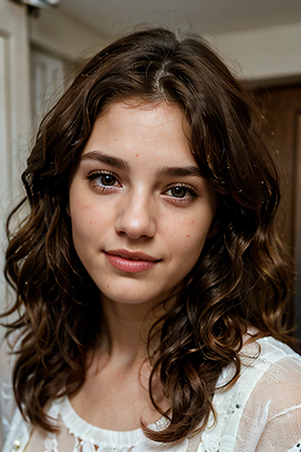 beautiful girl, 22yo, curly brown hair, cute face, photorealistic, 8k