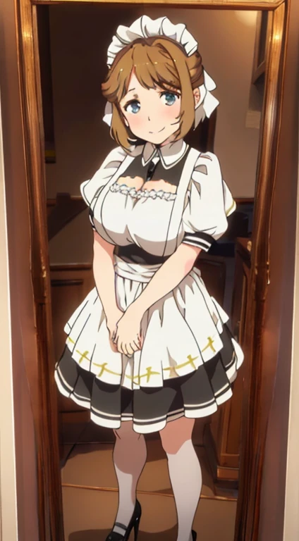 Ochaco_ Uraraka, 1 girl, solo, blosh_ Tapers, looking_ At_ Viewer, smile, stand, cloud_ Sky, highly detailed, full body, masterpiece, high-resolution, illustrated, (maid), huge breasts, cleavage, thigh height, high heels