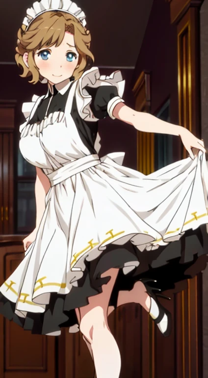 Ochaco_ Uraraka, 1 girl, solo, blosh_ Tapers, looking_ At_ Viewer, smile, stand, cloud_ Sky, highly detailed, full body, masterpiece, high-resolution, illustrated, (maid), huge breasts, cleavage, thigh height, high heels