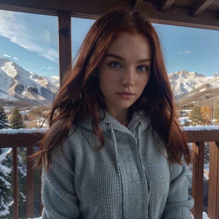 high quality photo, Ultra detail, 4K quality, very thin, naked redhead girl, 16 years, with very small breasts, stands on the roof, with a panorama of snow-capped mountains, bonfires are visible, a lot of fir trees, It's snowing lightly, The girl is cold, skin gets goosebumps, frozen nipples on chest