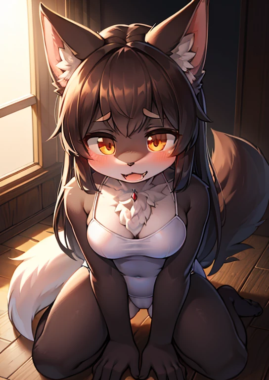 hairy, Female hairy, extremely high detail, fine fluffy fur, (shadow), (detailed lighting), (Cinematic lighting masterpiece, RAW photos, high resolution, high detail, best quality), HD, (HD晰度:1.3), absurd, huge, Plump figure, wolf ears,wolf tail,The princess knelt,Show small fangs,very shy,swimsuit,