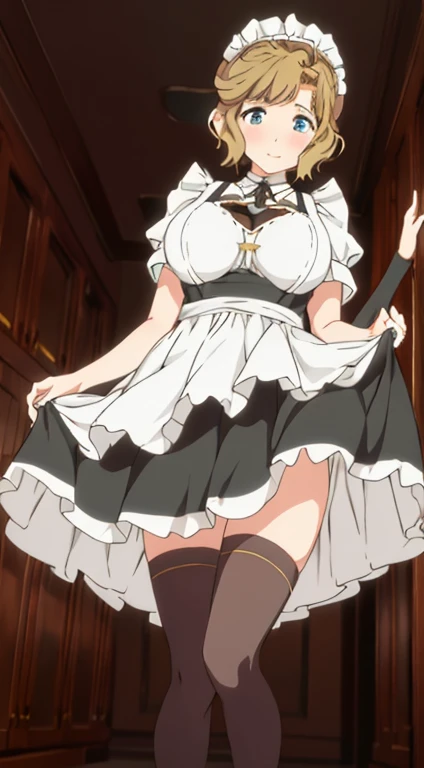 Ochaco_ Uraraka, 1 girl, solo, blosh_ Tapers, looking_ At_ Viewer, smile, stand, cloud_ Sky, highly detailed, full body, masterpiece, high-resolution, illustrated, (maid), huge breasts, exposed cleavage, high thighs, perspective black stockings, high heels