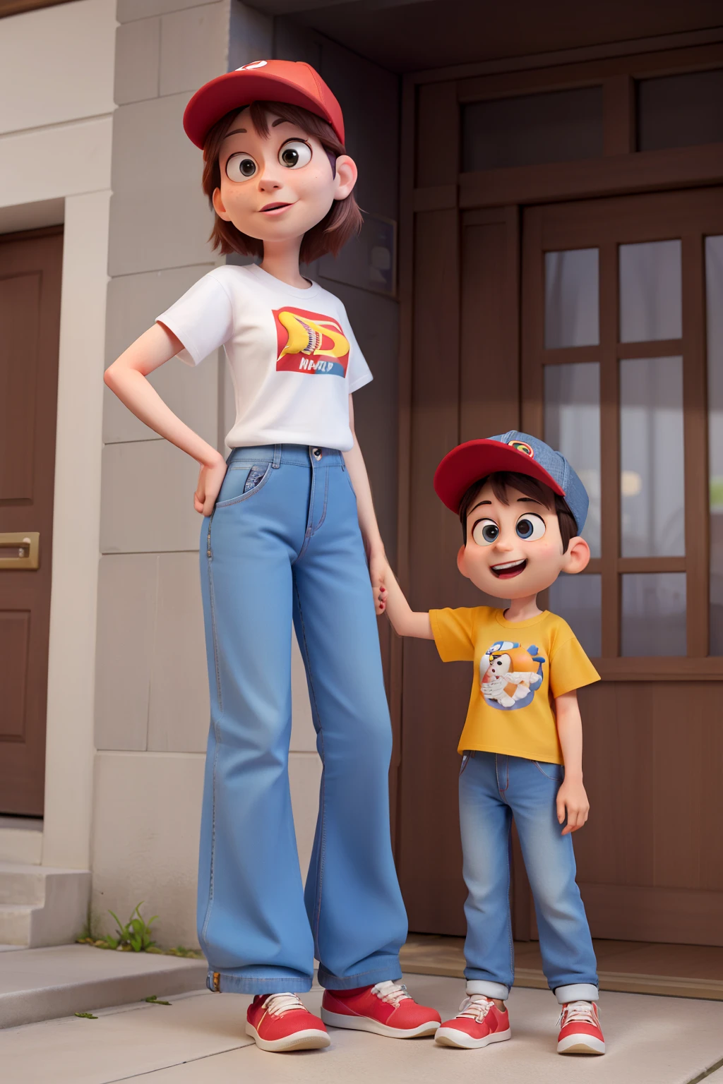 crie um personagem estilo Pixar,uma mulher de 30 anos cabelos pretos longos pele clara, altura 1,75 with baggy pants and baggy t-shirts and a cap