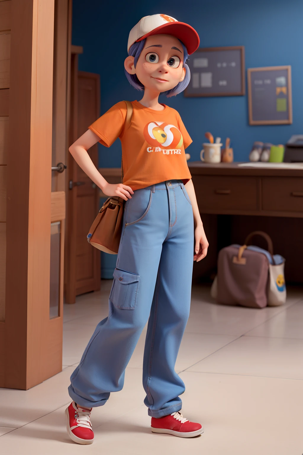 crie um personagem estilo Pixar,uma mulher de 30 anos cabelos pretos longos pele clara, altura 1,75 with baggy pants and baggy t-shirts and a cap