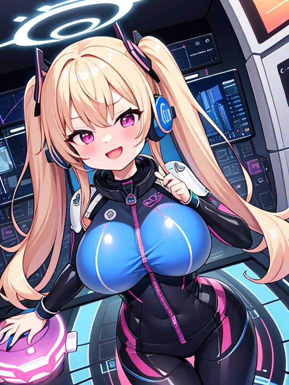 very detailed、masterpiece、high quality、one high school girl、、Loli、(white pink space suit)、front zipper、(Futuristic, Tight Fit Bodysuit)、headphone、Cyberpunk space station interior background、(Multicolored blonde hair),ロングtwin tails, (pink eyes), change,twin tails,sassy change,cheey change,mesugaki,girl,天才girl、(big breast):1.1,(blush):1.1、halo、