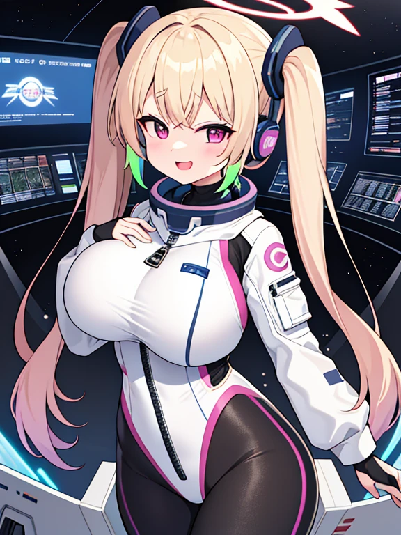 very detailed、masterpiece、high quality、one high school girl、12 years old、Loli、(white and pink space suit)、front zipper、(Futuristic, Tight Fit Bodysuit)、headphone、Cyberpunk space station interior background、(Multicolored blonde hair),ロングtwin tails, (pink eyes), change,twin tails,sassy change，cheey change，mesugaki,girl,天才girl、(big breast):1.1,(blush):1.1、halo、