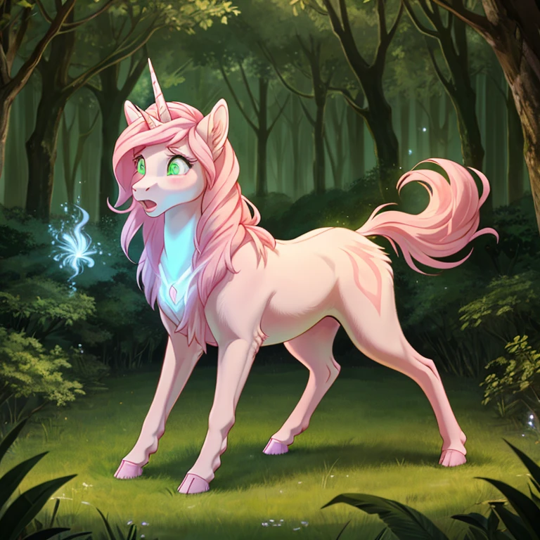 shocked feral Female unicorn with pink fur long Pink mane and glowing Green eyes standing on all fours hoves there some traces of magic floating around her she in a forest