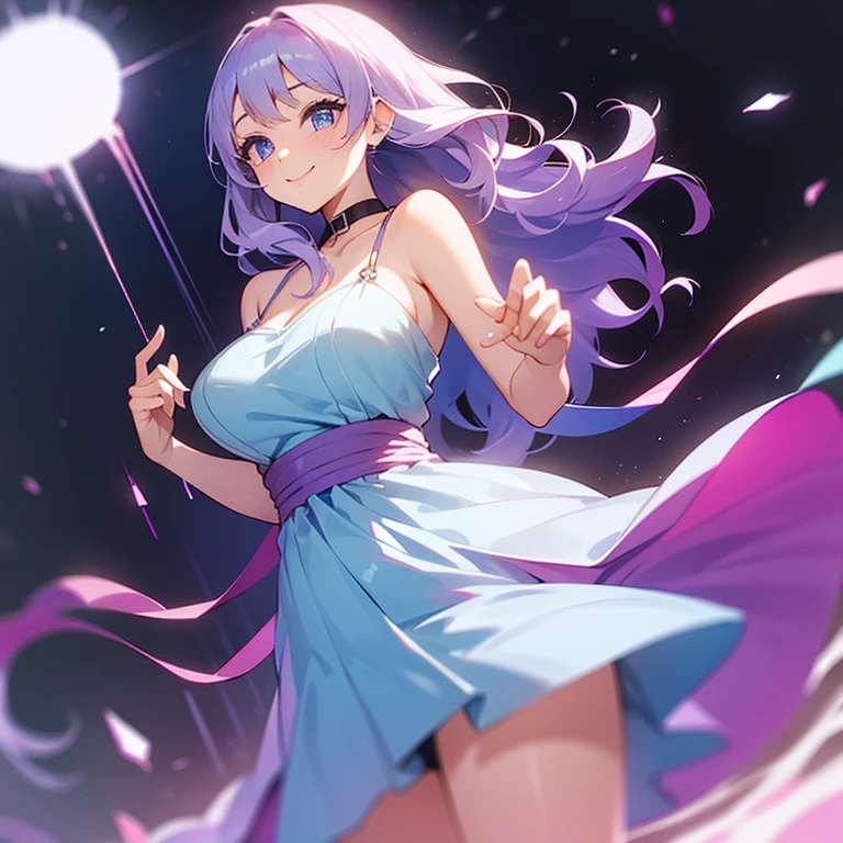 ((I want a woman alone, curvy and beautiful body, light blue eyes and light purple wavy hair, sharp look, smile on her face and wearing a beautiful dress))