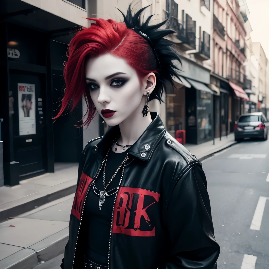 goth, excited, pale skin, smoky eyes, vivid colors, punk clothing, rock hairstyle, red hair, black lips, abandoned street, body view