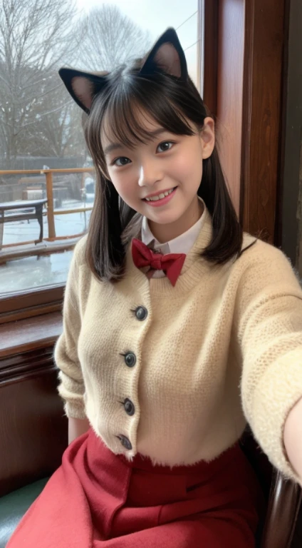 red eyelash fox ears、13 years、semi-long、breasts without bulge、Cute warm jacket and frilly knee-length skirt、cat tail、sharp nails、smile、solo、detailed face、detailed eye、Slim 13-year-old model、young face、young body、cute face、Antique coffee shop、sitting on an antique chair、Sit on the windowsill、Winter scenery outside the window、