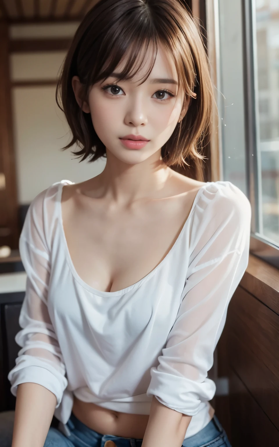 cute 21 year old japanese、shopping、date、rain、super detail face、eye for details、double eyelid、beautiful thin nose、sharp focus:1.2、Beautiful woman:1.4、(light brown hair,short haired、),pure white skin、highest quality、masterpiece、Super high resolution、(Photoreal:1.4)、Highly detailed and professionally lit smiles、White Y-shirt、Wet and see-through、