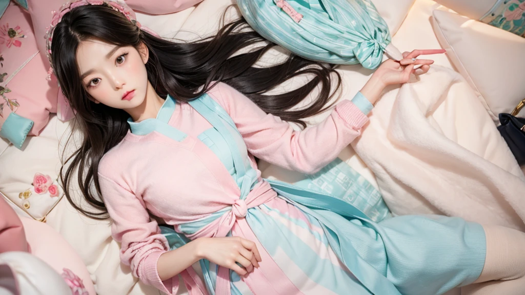 Korean women, goddess, long hair, delicate skin texture and cloth texture, delicate eyes, long eyelashes, double eyelids, upper body, hotel, 8k, highest image quality, masterpiece, super high resolution: 1.2, beautiful female photo with theme of girly elegant style, Aalfi in dress, (zettai ryouiki), preppy style dress, cashmere fabric, preppy style, femininization in cute pastel tones, femininity in soft tones, wearing smooth dresses, soft tones, pastel colors, light clothing, pastel tones, pastel clothing, Korean female fashion model, pastel style, multi-layered clothing, wearing elegant clothing, soft and cute colors