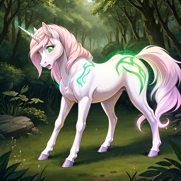 Tall and slim shocked feral Female unicorn with White fur long Pink mane and glowing Green eyes standing on all fours hoves there some traces of magic floating around her she in a forest